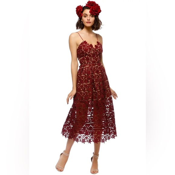 Self-Portrait Azaelea Lace Midi Dress Burgundy Size US 8 - Picture 9 of 10